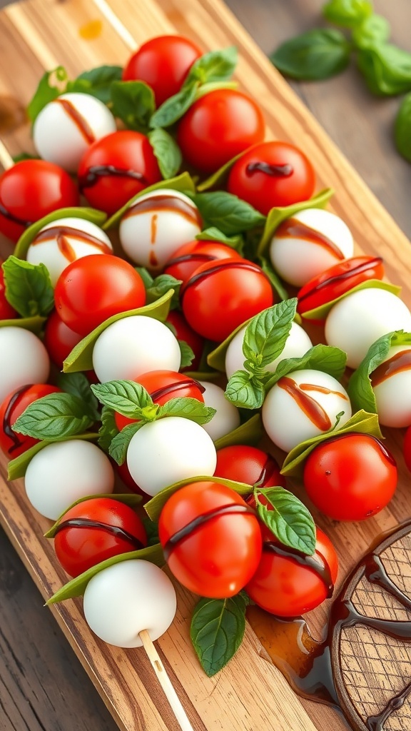 Caprese skewers with cherry tomatoes, mozzarella, and basil on a wooden platter.